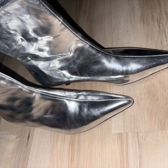 Zara Silver Metallic Genuine Leather Midi Heels with Pointed Toe 6 - Picture 1 of 8